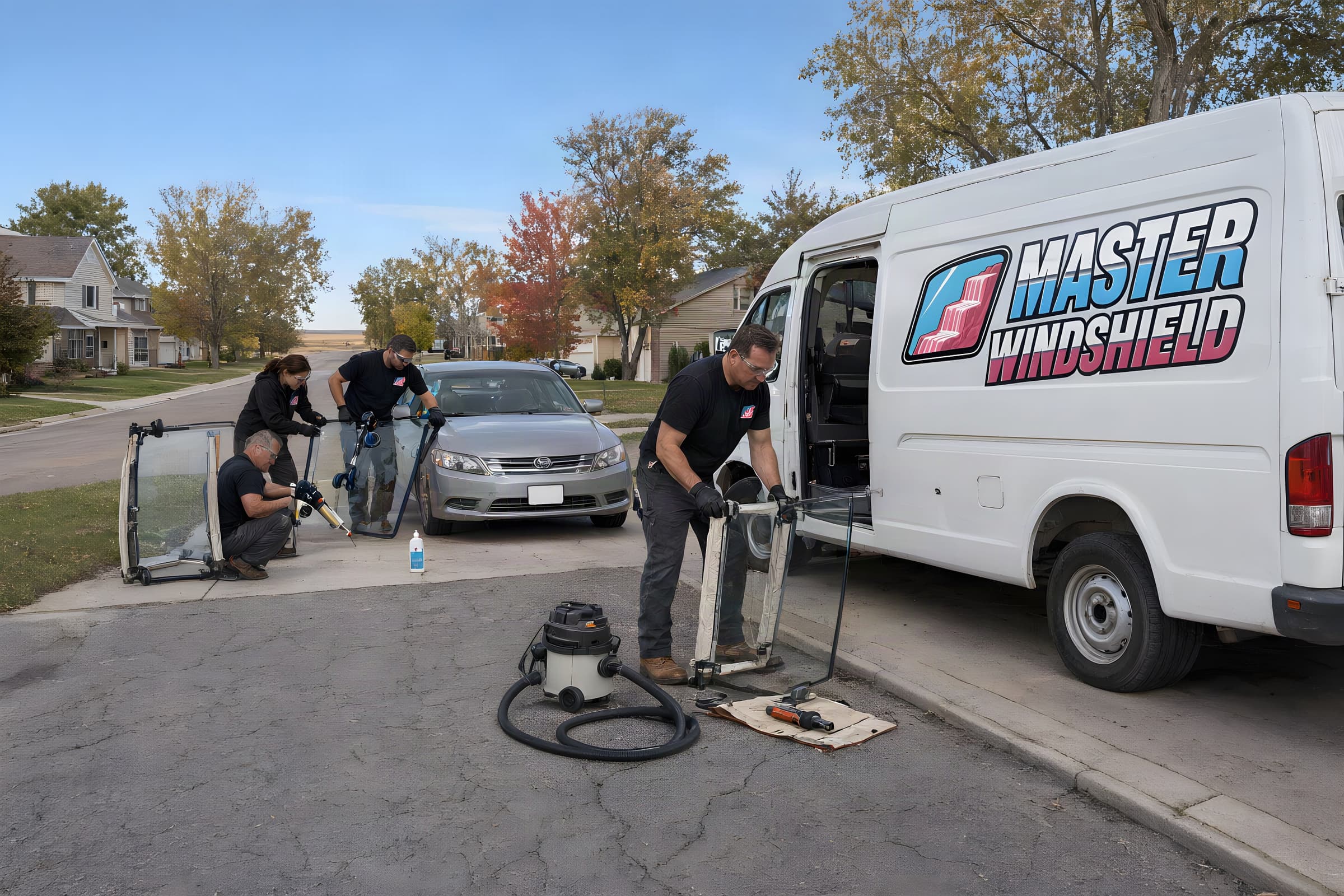 Glass van at the curb of a tree-lined Sioux Falls street, techs setting up a mobile job