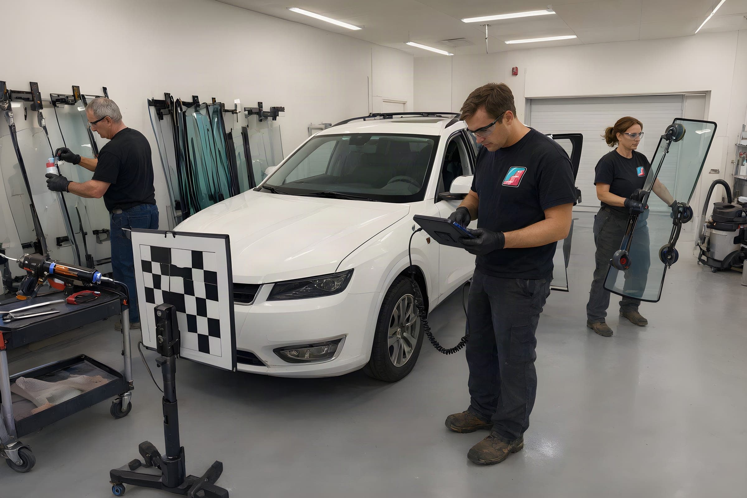 ADAS calibration in the shop: a checkerboard target in front of a white SUV and a tech with a scan tablet