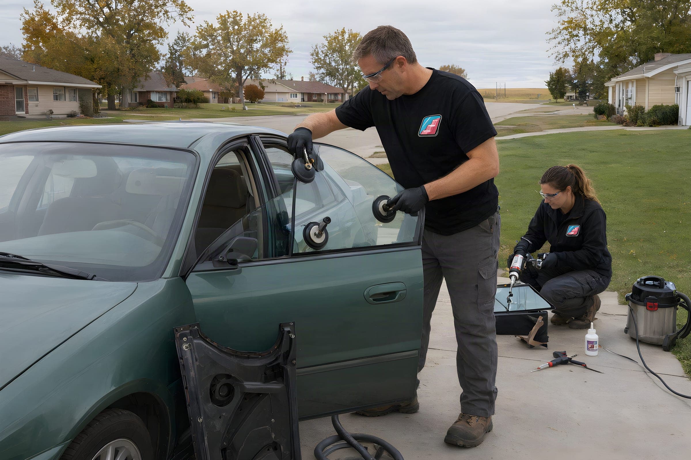 Car window replacement in Sioux Falls: a tech fitting a new door window into a green sedan with the door panel off