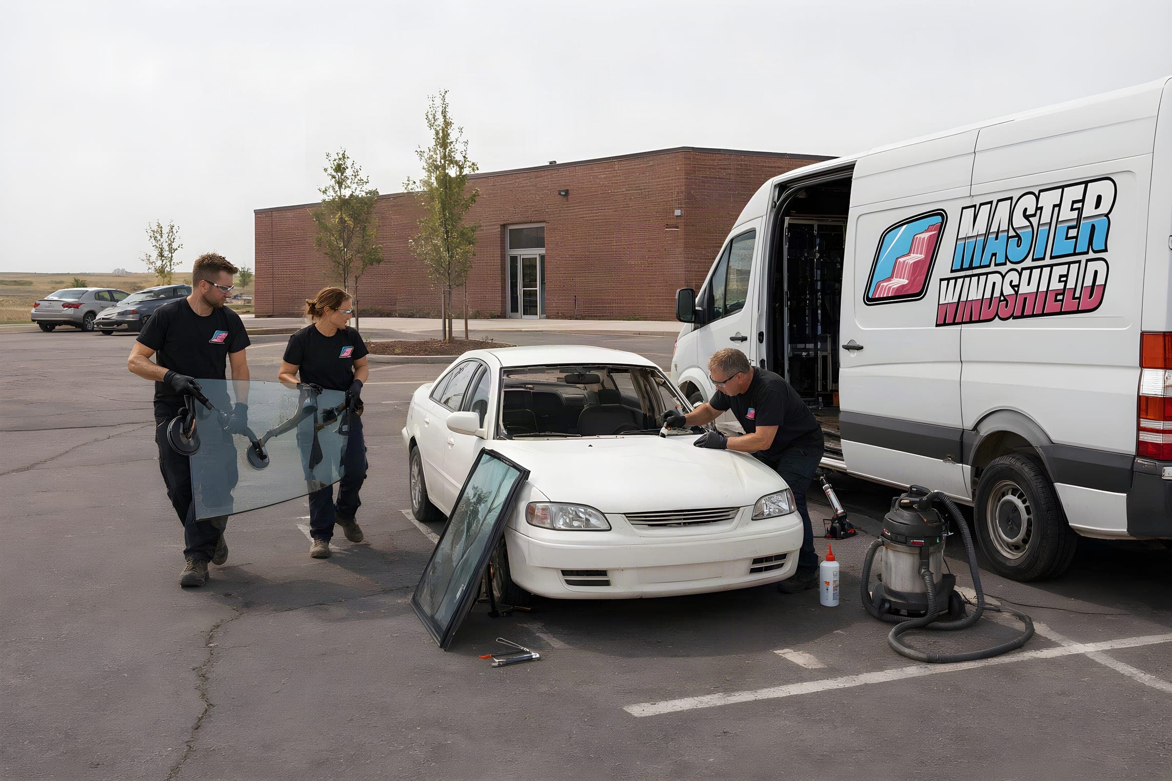 Mobile windshield replacement in an office parking lot: techs carry new glass toward a sedan beside the glass van