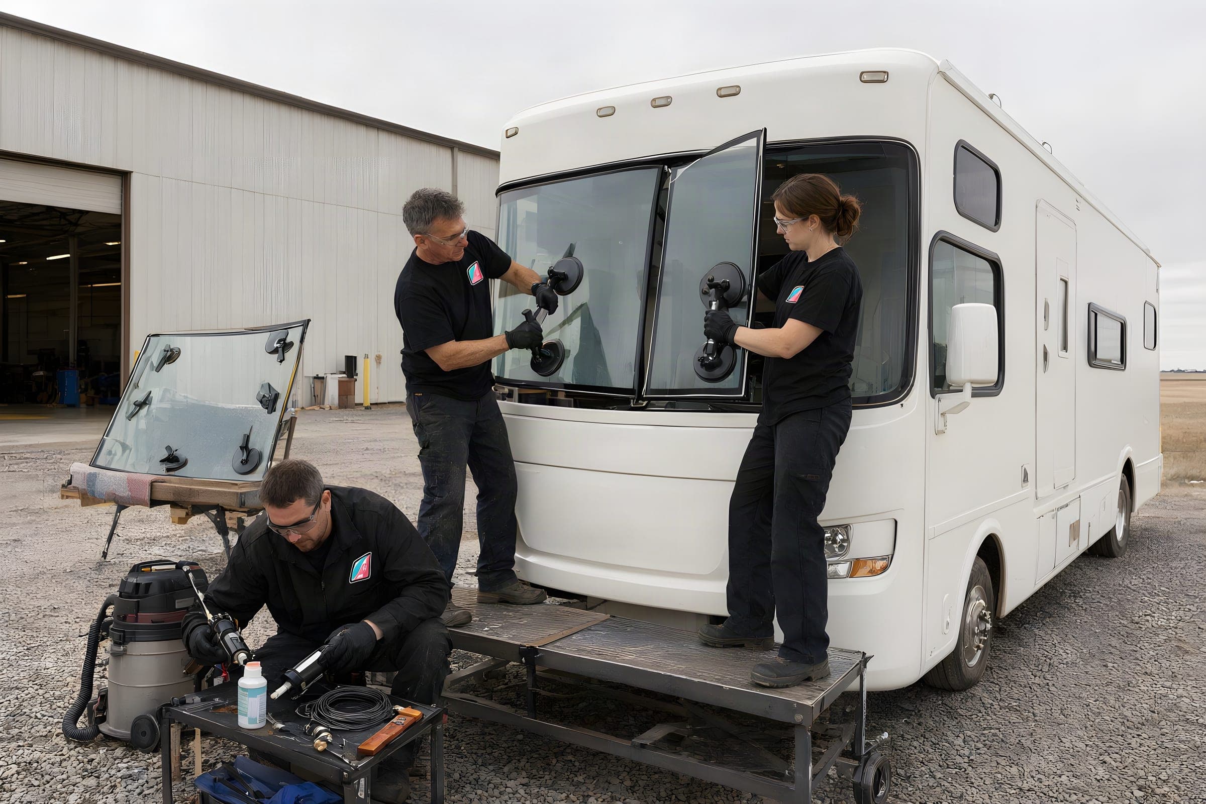Two techs on a work platform setting one half of a two-piece motorhome windshield