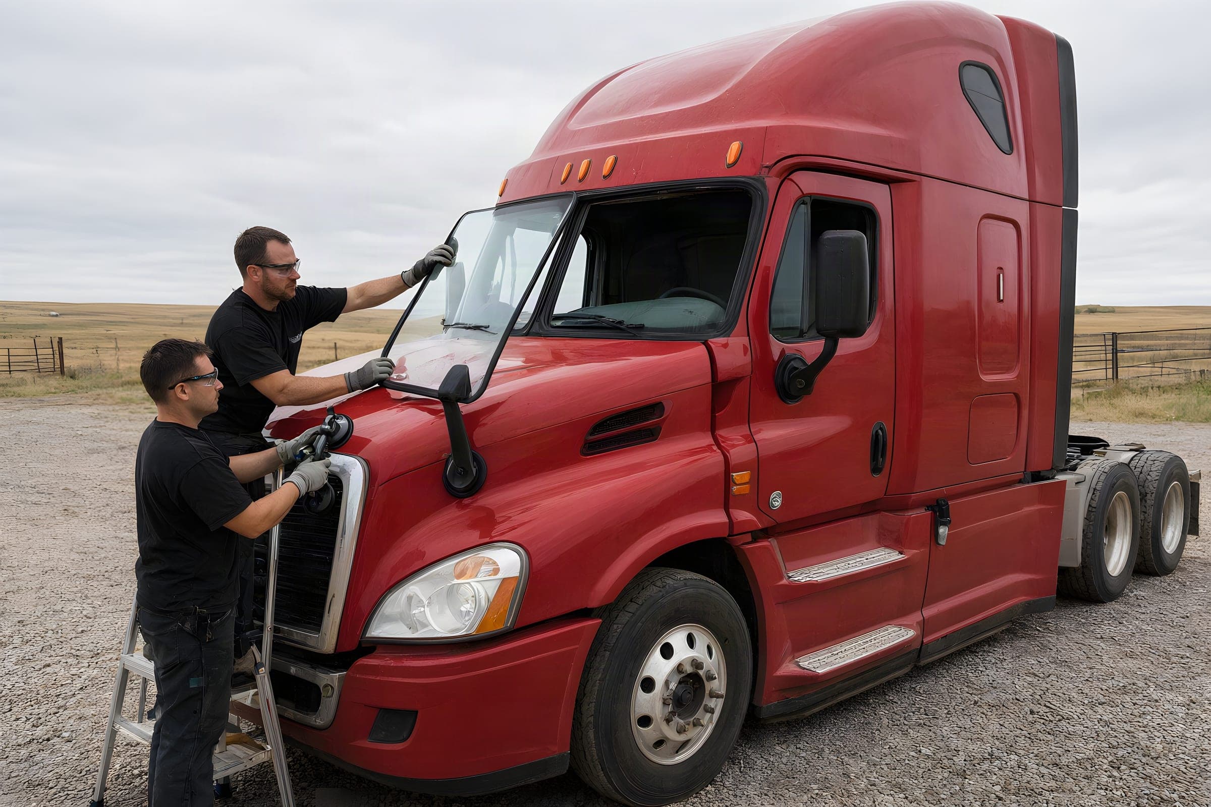 Techs fitting a new half of a split windshield on a red semi truck at a gravel lot