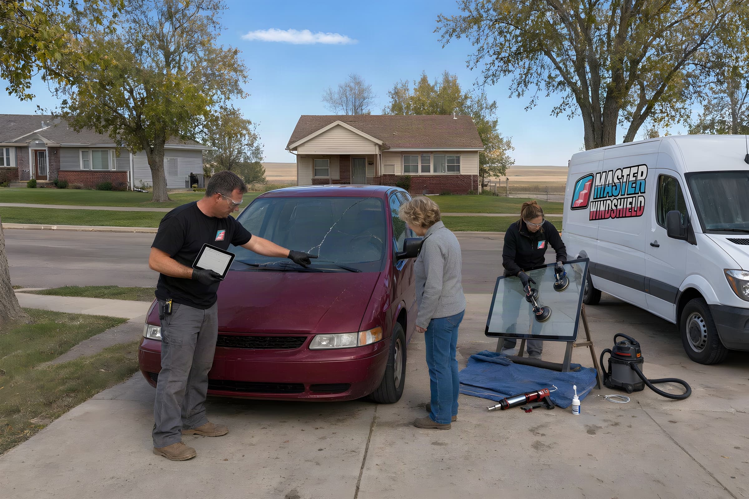 Tech showing a minivan owner the long crack before setting up the insurance claim